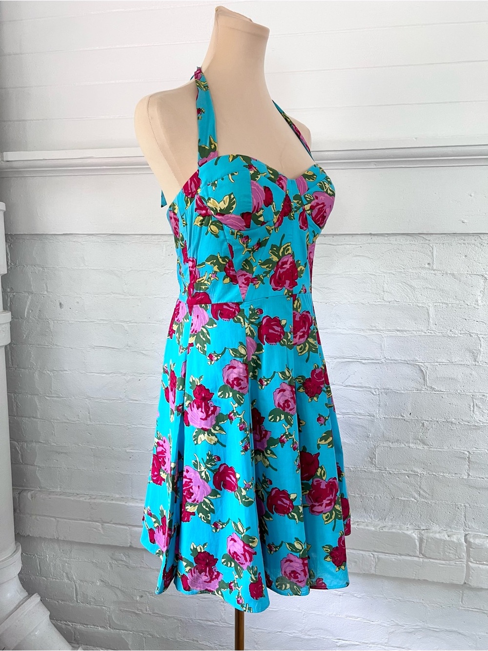 Betsey Johnson Turquoise Blue Floral Cotton Retro Halter Dress Fit And Flare 6 - Picture 4 of 14